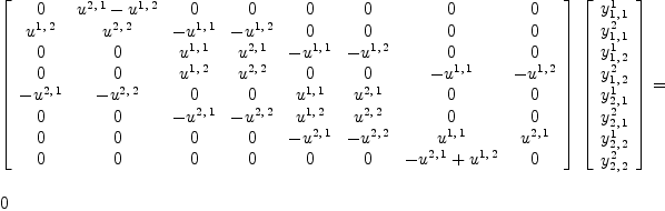 
\label{eq23}\begin{array}{@{}l}
\displaystyle
{{\left[ 
\begin{array}{cccccccc}
0 &{{u^{2, \: 1}}-{u^{1, \: 2}}}& 0 & 0 & 0 & 0 & 0 & 0 
\
{u^{1, \: 2}}&{u^{2, \: 2}}& -{u^{1, \: 1}}& -{u^{1, \: 2}}& 0 & 0 & 0 & 0 
\
0 & 0 &{u^{1, \: 1}}&{u^{2, \: 1}}& -{u^{1, \: 1}}& -{u^{1, \: 2}}& 0 & 0 
\
0 & 0 &{u^{1, \: 2}}&{u^{2, \: 2}}& 0 & 0 & -{u^{1, \: 1}}& -{u^{1, \: 2}}
\
-{u^{2, \: 1}}& -{u^{2, \: 2}}& 0 & 0 &{u^{1, \: 1}}&{u^{2, \: 1}}& 0 & 0 
\
0 & 0 & -{u^{2, \: 1}}& -{u^{2, \: 2}}&{u^{1, \: 2}}&{u^{2, \: 2}}& 0 & 0 
\
0 & 0 & 0 & 0 & -{u^{2, \: 1}}& -{u^{2, \: 2}}&{u^{1, \: 1}}&{u^{2, \: 1}}
\
0 & 0 & 0 & 0 & 0 & 0 &{-{u^{2, \: 1}}+{u^{1, \: 2}}}& 0 
