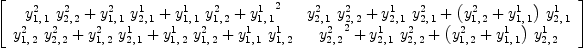 
\label{eq38}\left[ 
\begin{array}{cc}
{{{y_{1, \: 1}^{2}}\ {y_{2, \: 2}^{2}}}+{{y_{1, \: 1}^{2}}\ {y_{2, \: 1}^{1}}}+{{y_{1, \: 1}^{1}}\ {y_{1, \: 2}^{2}}}+{{y_{1, \: 1}^{1}}^2}}&{{{y_{2, \: 1}^{2}}\ {y_{2, \: 2}^{2}}}+{{y_{2, \: 1}^{1}}\ {y_{2, \: 1}^{2}}}+{{\left({y_{1, \: 2}^{2}}+{y_{1, \: 1}^{1}}\right)}\ {y_{2, \: 1}^{1}}}}
\
{{{y_{1, \: 2}^{2}}\ {y_{2, \: 2}^{2}}}+{{y_{1, \: 2}^{2}}\ {y_{2, \: 1}^{1}}}+{{y_{1, \: 2}^{1}}\ {y_{1, \: 2}^{2}}}+{{y_{1, \: 1}^{1}}\ {y_{1, \: 2}^{1}}}}&{{{y_{2, \: 2}^{2}}^2}+{{y_{2, \: 1}^{1}}\ {y_{2, \: 2}^{2}}}+{{\left({y_{1, \: 2}^{2}}+{y_{1, \: 1}^{1}}\right)}\ {y_{2, \: 2}^{1}}}}

