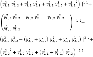 
\label{eq34}\begin{array}{@{}l}
\displaystyle
{{\left({{y_{1, \: 1}^{2}}\ {y_{2, \: 2}^{2}}}+{{y_{1, \: 1}^{1}}\ {y_{2, \: 1}^{2}}}+{{y_{1, \: 1}^{2}}\ {y_{1, \: 2}^{1}}}+{{y_{1, \: 1}^{1}}^{2}}\right)}\ {|_{\ }^{1 \  1}}}+ 
\
\
\displaystyle
{{\left({
\begin{array}{@{}l}
\displaystyle
{{y_{1, \: 2}^{2}}\ {y_{2, \: 2}^{2}}}+{{y_{1, \: 2}^{1}}\ {y_{2, \: 1}^{2}}}+{{y_{1, \: 2}^{1}}\ {y_{1, \: 2}^{2}}}+ 
\
\
\displaystyle
{{y_{1, \: 1}^{1}}\ {y_{1, \: 2}^{1}}}
