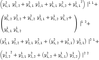 
\label{eq33}\begin{array}{@{}l}
\displaystyle
{{\left({{y_{1, \: 1}^{2}}\ {y_{2, \: 2}^{2}}}+{{y_{1, \: 1}^{2}}\ {y_{2, \: 1}^{1}}}+{{y_{1, \: 1}^{1}}\ {y_{1, \: 2}^{2}}}+{{y_{1, \: 1}^{1}}^{2}}\right)}\ {|_{\ }^{1 \  1}}}+ 
\
\
\displaystyle
{{\left({
\begin{array}{@{}l}
\displaystyle
{{y_{1, \: 2}^{2}}\ {y_{2, \: 2}^{2}}}+{{y_{1, \: 2}^{2}}\ {y_{2, \: 1}^{1}}}+{{y_{1, \: 2}^{1}}\ {y_{1, \: 2}^{2}}}+ 
\
\
\displaystyle
{{y_{1, \: 1}^{1}}\ {y_{1, \: 2}^{1}}}
