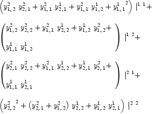 
\label{eq37}\begin{array}{@{}l}
\displaystyle
{{\left({{y_{1, \: 2}^{2}}\ {y_{2, \: 1}^{2}}}+{{y_{1, \: 1}^{2}}\ {y_{2, \: 1}^{1}}}+{{y_{1, \: 1}^{2}}\ {y_{1, \: 2}^{1}}}+{{y_{1, \: 1}^{1}}^{2}}\right)}\ {|_{\ }^{1 \  1}}}+ 
\
\
\displaystyle
{{\left({
\begin{array}{@{}l}
\displaystyle
{{y_{1, \: 2}^{2}}\ {y_{2, \: 2}^{2}}}+{{y_{1, \: 1}^{2}}\ {y_{2, \: 2}^{1}}}+{{y_{1, \: 2}^{1}}\ {y_{1, \: 2}^{2}}}+ 
\
\
\displaystyle
{{y_{1, \: 1}^{1}}\ {y_{1, \: 2}^{1}}}
