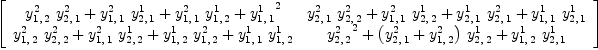 
\label{eq42}\left[ 
\begin{array}{cc}
{{{y_{1, \: 2}^{2}}\ {y_{2, \: 1}^{2}}}+{{y_{1, \: 1}^{2}}\ {y_{2, \: 1}^{1}}}+{{y_{1, \: 1}^{2}}\ {y_{1, \: 2}^{1}}}+{{y_{1, \: 1}^{1}}^2}}&{{{y_{2, \: 1}^{2}}\ {y_{2, \: 2}^{2}}}+{{y_{1, \: 1}^{2}}\ {y_{2, \: 2}^{1}}}+{{y_{2, \: 1}^{1}}\ {y_{2, \: 1}^{2}}}+{{y_{1, \: 1}^{1}}\ {y_{2, \: 1}^{1}}}}
\
{{{y_{1, \: 2}^{2}}\ {y_{2, \: 2}^{2}}}+{{y_{1, \: 1}^{2}}\ {y_{2, \: 2}^{1}}}+{{y_{1, \: 2}^{1}}\ {y_{1, \: 2}^{2}}}+{{y_{1, \: 1}^{1}}\ {y_{1, \: 2}^{1}}}}&{{{y_{2, \: 2}^{2}}^2}+{{\left({y_{2, \: 1}^{2}}+{y_{1, \: 2}^{2}}\right)}\ {y_{2, \: 2}^{1}}}+{{y_{1, \: 2}^{1}}\ {y_{2, \: 1}^{1}}}}

