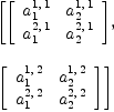 
\label{eq4}\begin{array}{@{}l}
\displaystyle
\left[{\left[ 
\begin{array}{cc}
{a_{1}^{1, \: 1}}&{a_{2}^{1, \: 1}}
\
{a_{1}^{2, \: 1}}&{a_{2}^{2, \: 1}}
