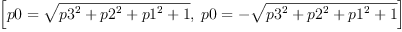 
\label{eq5}\left[{p 0 ={\sqrt{{{p 3}^{2}}+{{p 2}^{2}}+{{p 1}^{2}}+ 1}}}, \:{p 0 = -{\sqrt{{{p 3}^{2}}+{{p 2}^{2}}+{{p 1}^{2}}+ 1}}}\right]