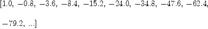 
\label{eq3}\begin{array}{@{}l}
\displaystyle
\left[{1.0}, \: -{0.8}, \: -{3.6}, \: -{8.4}, \: -{15.2}, \: -{24.0}, \: -{34.8}, \: -{47.6}, \: -{62.4}, \right.
\
\
\displaystyle
\left.\: -{79.2}, \:...\right] 
